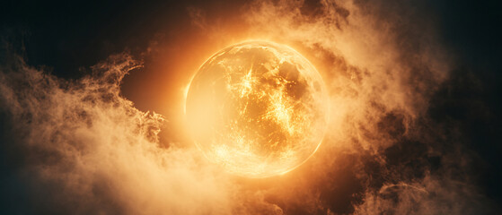 Obraz premium Fiery Full Moon Hidden Behind Clouds Dramatic Night Sky