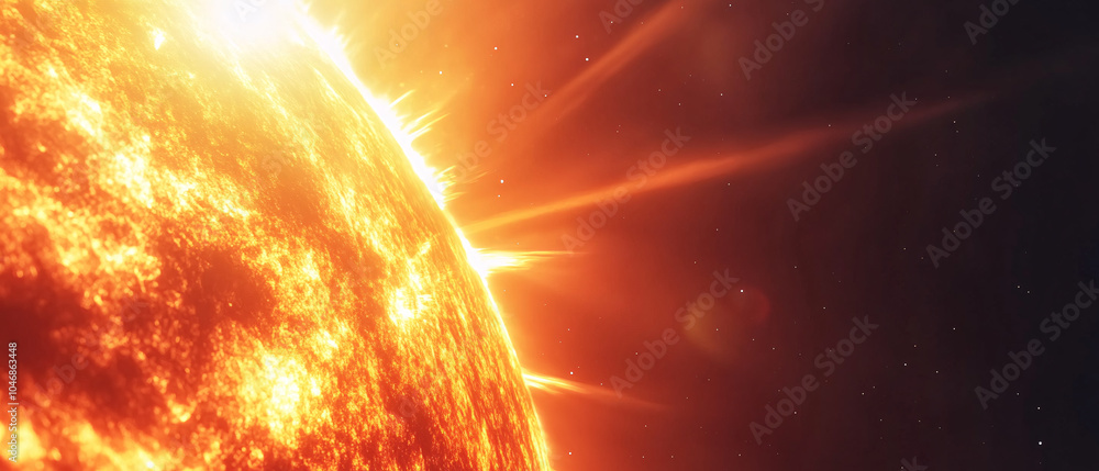 Poster close up of a fiery sun with rays of light erupting from its surface, close up of a fiery sun with r
