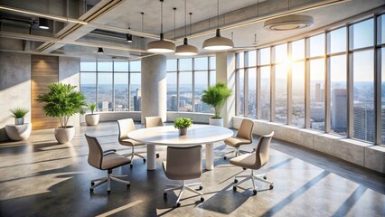 Fototapeta premium Modern Office Round Table with White Chairs, Large Windows, and Concrete Ceiling for Business Meetings and Corporate Workspace Design