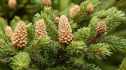 Fototapeta premium Close-up of Fir Tree Branch with Young Cones