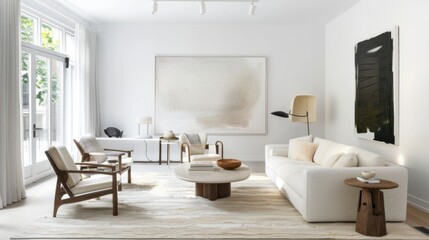 Fototapeta premium A chic and tranquil living room design with a white canvas backdrop, Carefully chosen minimal furniture, Mid-century minimalist style