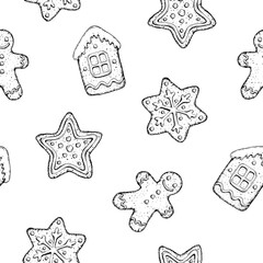 Seamless vector pattern of hand drawn Christmas cookies, lollipops, candy canes. Gingerbread man, stars, holiday house, snowflakes for confectionery packaging, festive designs, wrapping paper, textile
