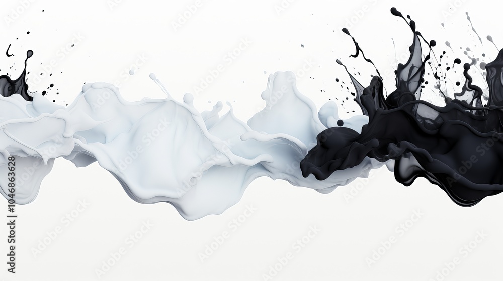 Poster a captivating blend of black and white splashes creating dynamic movement against a light background
