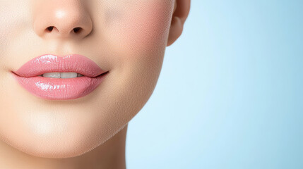 Obraz premium close up of womans lips with glossy finish, showcasing smooth skin and gentle smile against light blue background.
