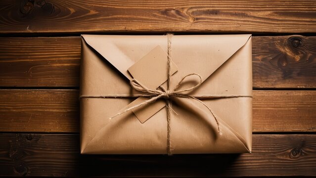 Thoughtfully wrapped gift in kraft paper with a string tie and tag, symbolizing care and attention to detail, perfect for delivery or special occasions.