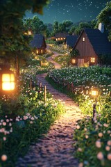 Fototapeta premium A cute farm, in the middle of the night, with a beautiful barn and houses, with green grass fields and flowers, in a cute 3d cartoon style