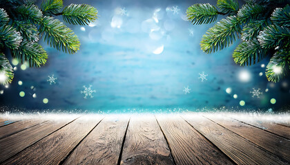 Fir branch pattern on old wood backdrop space for holiday message with snowflakes and light_1(370)