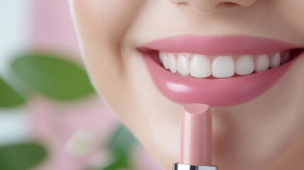 smiling person applies pink lip balm, highlighting smooth lips and cheerful expression. close up captures beauty and care of lip maintenance.