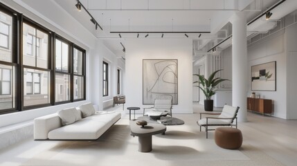 Fototapeta premium A chic and tranquil living room design showcasing a white canvas backdrop, Strategically placed minimalist furniture, Minimalist loft style