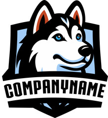 a vector design of the head of a Siberian husky dog, in front of a blue shield. Can be used for business logos, farms or other businesses. © Aditia