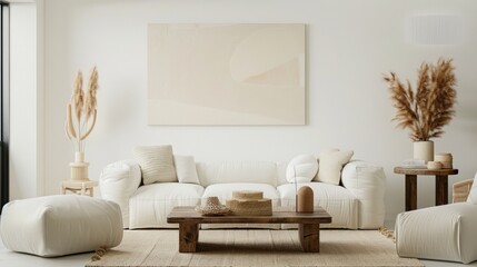 Fototapeta premium A chic and understated living room design adorned with a white canvas backdrop, Adorned with minimalist furniture arrangements, Understated minimalist style