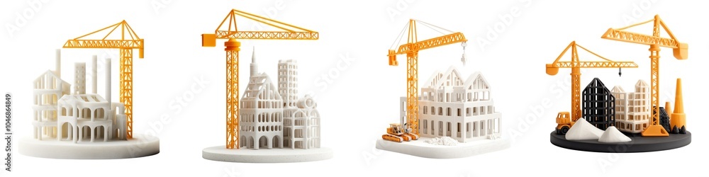 Poster a visual depiction of construction phases featuring cranes, showcasing different architectural struc