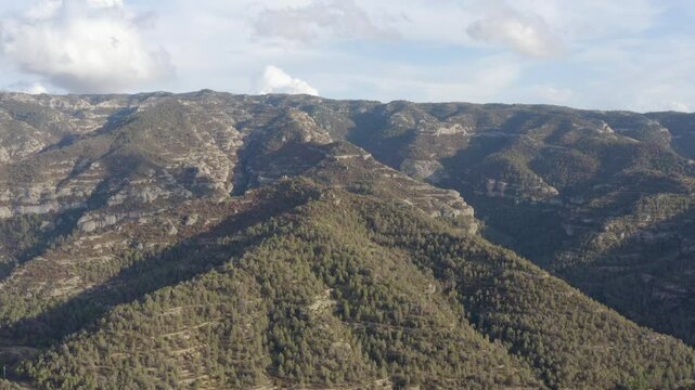 Aerial shot of the rocky, climbable cliffs in the Margalef region, Spain