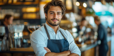 Fototapeta premium Young barista is smiling behind the counter of a coffee shop with his arms crossed