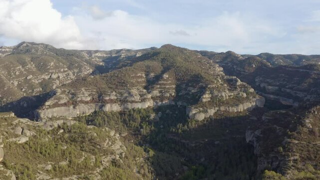 Aerial shot of the rocky, climbable cliffs in the Margalef region, Spain
