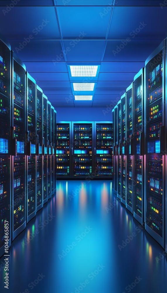Aufkleber modern data center with rows of network servers, cloud computing and data storage technology concept