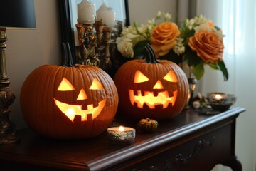Obraz premium Two Lit Jack-o'-Lanterns on a Wooden Tabletop