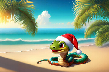 Happy cute cartoon snake in the Santa hat on the beach near azure sea.