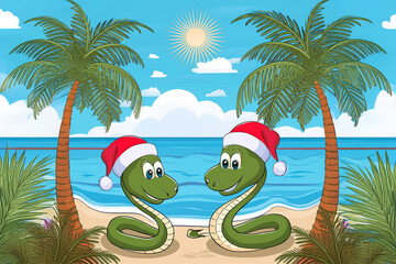 Couple of snakes celebrating Christmas and  New Year  on tropical island with palm trees.