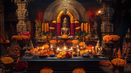 Fototapeta premium Serene Temple Altar with Vibrant Floral Decorations