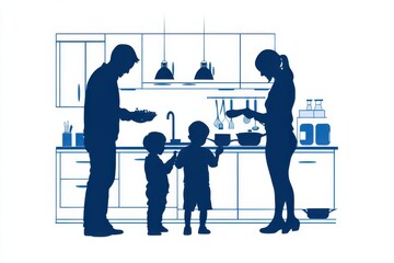 A silhouette of a family cooking together in a kitchen captures unity and domestic life, with parents and children engaged in meal preparation.