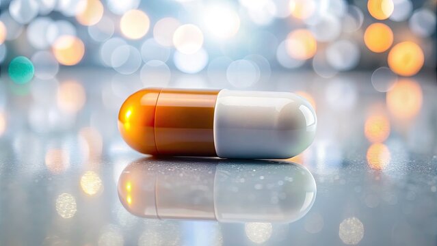 Single Zonisamide Capsule on White Surface with Bokeh Effect, Highlighting Sleek Design and Light Reflection for Pharmaceutical and Healthcare Imagery
