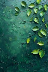 A green background with an oil painting texture and leaves, creating an artistic atmosphere. 