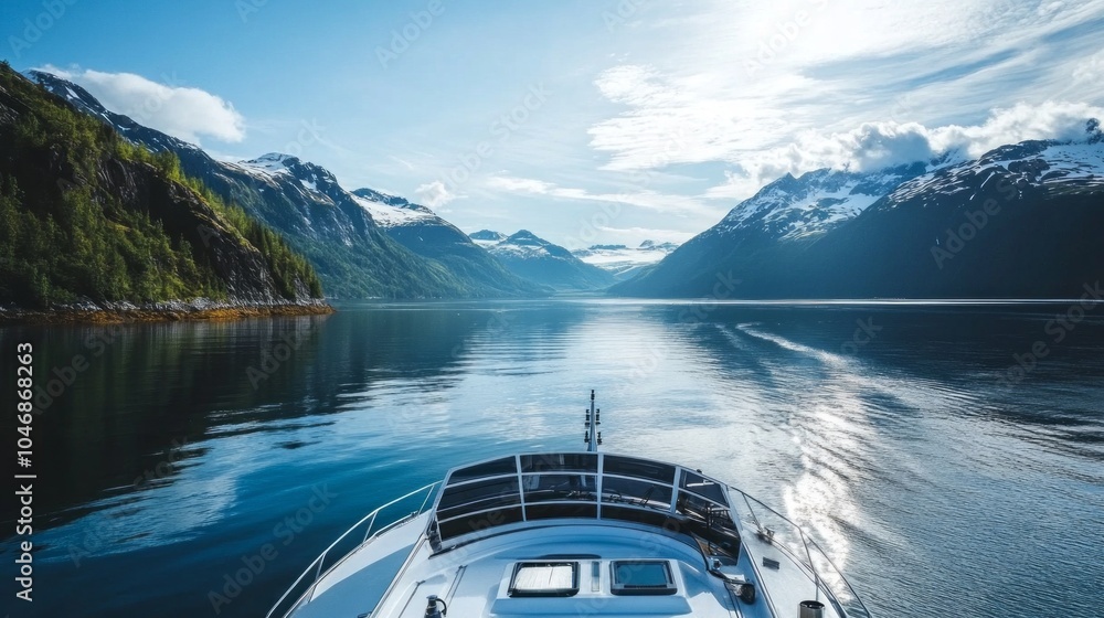 Poster a boat is sailing on a lake with mountains in the background