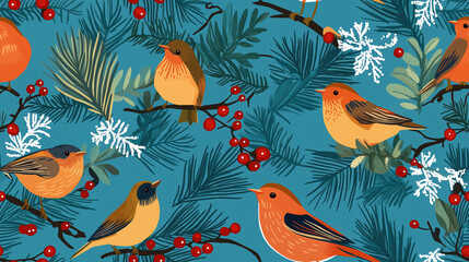 Obraz premium Winter festive seamless pattern with birds,red berries and pine needles.Timeless Christmas print for wrapping paper,fabric or creating a cozy and winter atmosphere.
