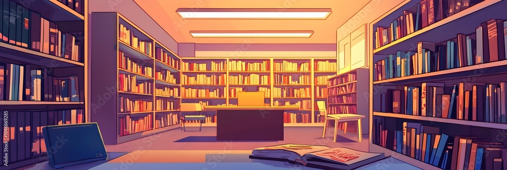 Poster warm and inviting library interior with bookshelves filled with books a wooden reading table and a s