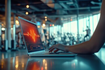 Person analyzing fitness data on laptop in gym setting