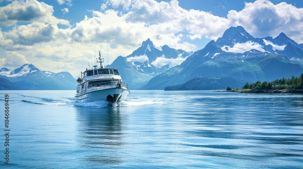 Poster a boat is sailing on a lake with mountains in the background