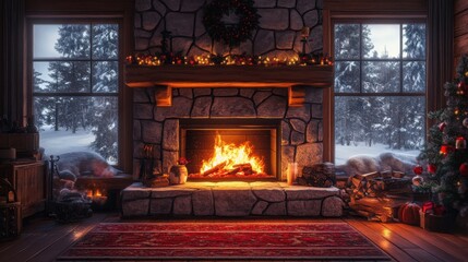 Cozy fireplace with a roaring fire