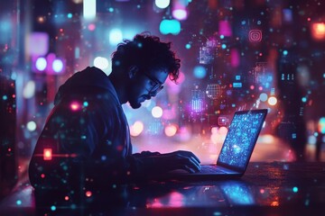 Creative professional immersed in digital work at night