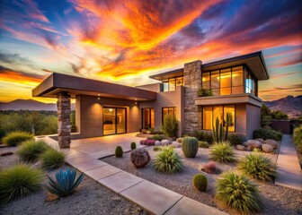 Stunning Luxury Arizona Home Exterior with Modern Design and Desert Landscaping, Inviting Atmosphere, and Vibrant Sunset Sky