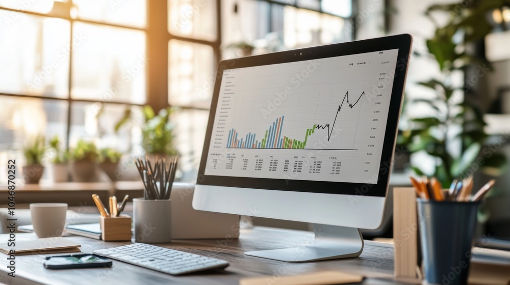 Poster modern workspace with computer and financial graphs