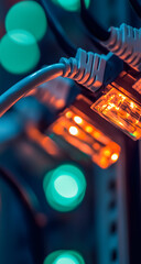 A close-up shot of illuminated internet cables against a blue backdrop with green and orange lighting. Captured using a Canon EOS R5 for product photography.

