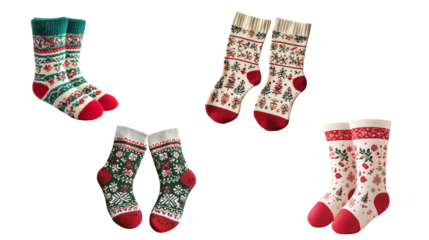 Four pairs of festive Christmas socks with various holiday-themed patterns and colors, perfect for the winter season and holiday celebrations.