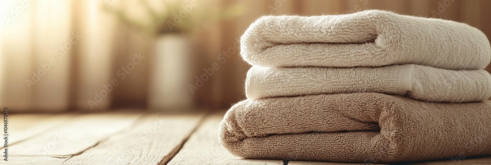 Aufkleber three towels stacked neatly on a wooden table, illuminated by warm natural light coming through a ne