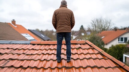 A man stands pensively on a rooftop, overlooking a suburban landscape under an overcast sky, evoking solitude.