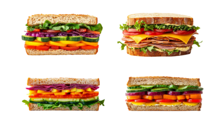 Four delicious and colorful vegetable sandwiches with fresh ingredients displayed on a white background, perfect for a healthy snack.