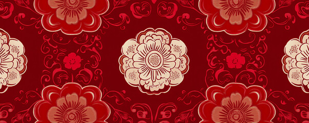  Korean Traditional Red Pattern Wallpaper in Repeated Cartoon Style Design with Vibrant Visuals and Cultural Charm