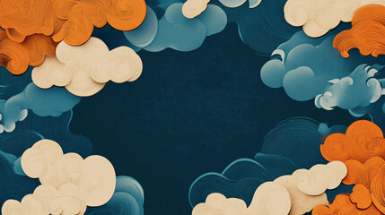 Retro Chinese Background with Blue and Orange Auspicious Clouds and Waves on Simple Solid Color Vector Graphic
