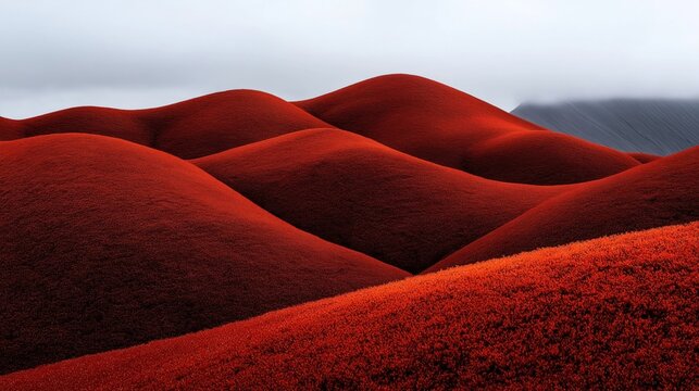 Vibrant red rolling hills under a cloudy sky, creating a surreal and striking landscape with smooth, undulating terrain and intense color contrasts.