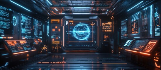 Obraz premium Futuristic interior with glowing orange and blue screens and panels.