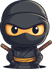 Obraz premium A charming cartoon illustration of a young ninja wearing a black outfit with a yellow belt, displaying a serious expression, with swords at the ready, capturing a playful yet fierce spirit
