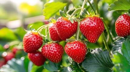Ripe Red Strawberries on a Vine in the Sunlight