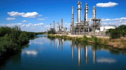 Obraz premium Industrial Plant Beside Calm River Under Blue Sky