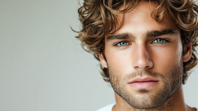 Portrait of a Young Man with Curly Hair and Blue Eyes