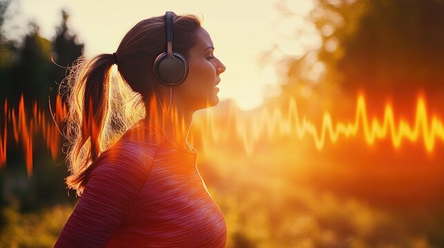 Woman Jogging with Headphones and Sound Waves Background